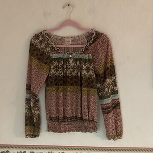 Mossimo Supply Co. Boho Long Sleeve Print Blouse, Size S, Pink/Brown/Multi